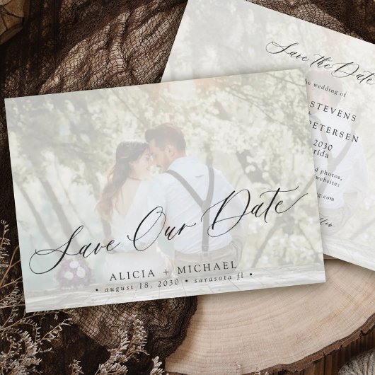 Eenvoudige fotobekleding elegant script bruiloft save the date