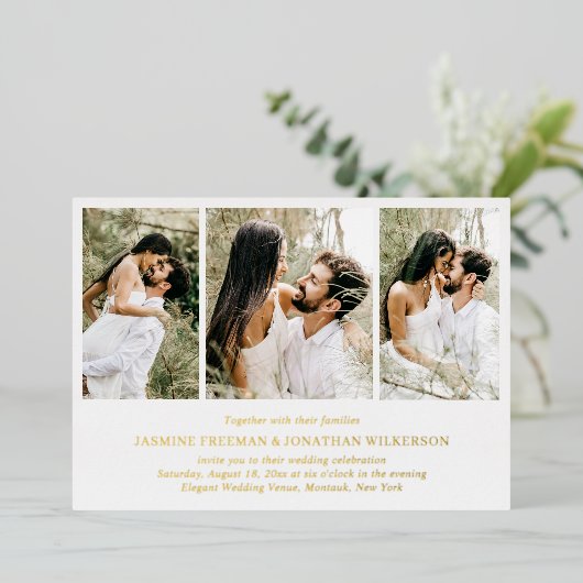 Eenvoudige fotocollage Elegante bruiloft Folie Uitnodiging (Staand Voorkant)