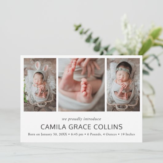 Eenvoudige fotocollage Elegante moderne geboorte Aankondiging (Staand voorkant)