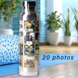 Eenvoudige fotocollage met monogram als aandenken waterfles