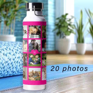 Eenvoudige fotocollage met monogram opbergstuk roz waterfles