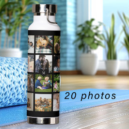 Eenvoudige fotocollage met monogram zwarte aandenk waterfles