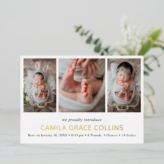 Eenvoudige fotocollage Moderne geboorte aankondigi Folie Uitnodiging (Staand Voorkant)