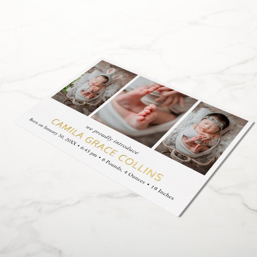 Eenvoudige fotocollage Moderne geboorte aankondigi Folie Uitnodiging (Gedraaid)