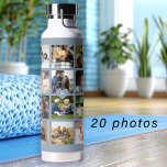 Eenvoudige fotocollage monogrammed aandenken blauw waterfles<br><div class="desc">Voeg 20 foto's van familie, kinderen, huisdieren of beste vrienden toe en creëer uw eigen trendy collage grid stoffige blauw-witte waterfles met uw persoonlijke of familie monogram naam initiaal in een lichtblauw hart. Eenvoudig te personaliseren met je eigen vierkante afbeeldingen en letter. Het kan een leuk doordacht souvenir zijn voor...</div>