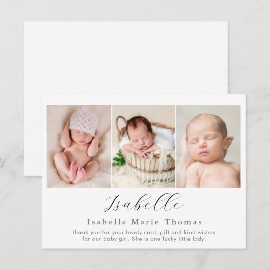 Eenvoudige fotogeboorte aankondiging, script schri briefkaart (Voorkant / Achterkant)