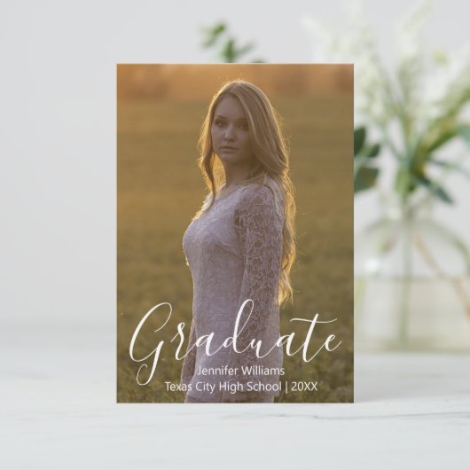 eenvoudige fotograduatie party witte kalligrafie kaart (Staand voorkant)