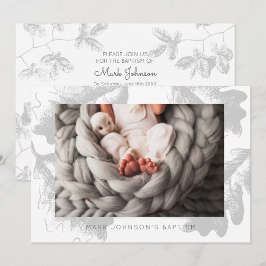 Eenvoudige fotografie Grijze foliage Baptisme Part Save The Date (Voorkant / Achterkant)