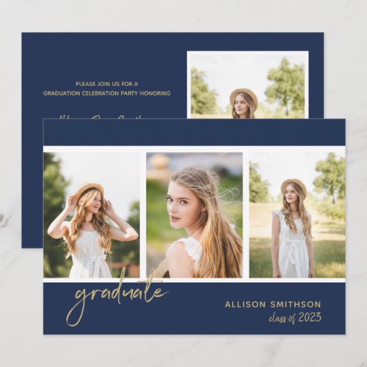 Eenvoudige fotomarinier Blue Graduation Party Kaart (Voorkant / Achterkant)