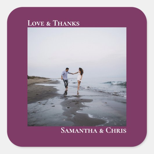 Eenvoudige foto's met Paarse liefde en Bedankt bru Vierkante Sticker (Voorkant)