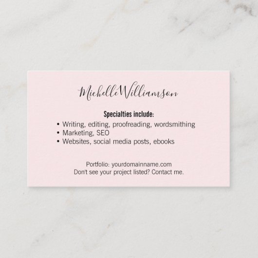 Eenvoudige Freelancer Entrepreneur Blush Pink Blac Visitekaartje (Achterkant)
