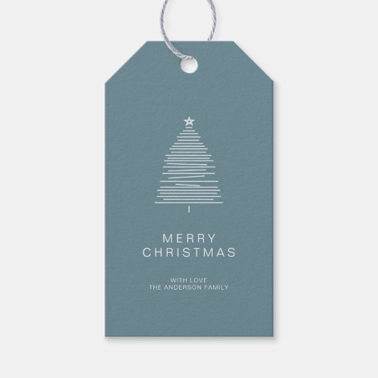 Eenvoudige Frost Blue Line Art Merry-kerstboom Cadeaulabel (Voorkant)