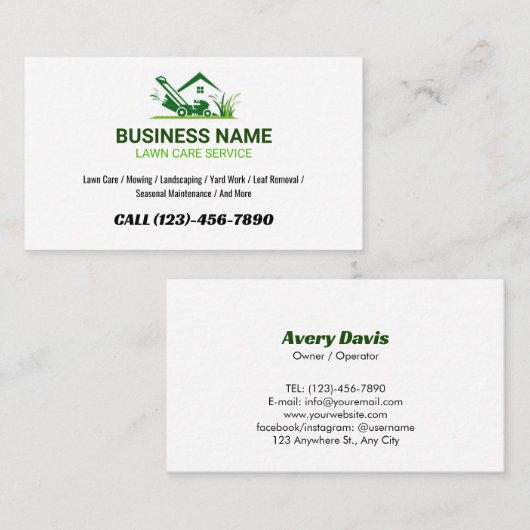 Eenvoudige gazon zorg service Logo Yard werk Lands Visitekaartje (Voorkant / Achterkant)