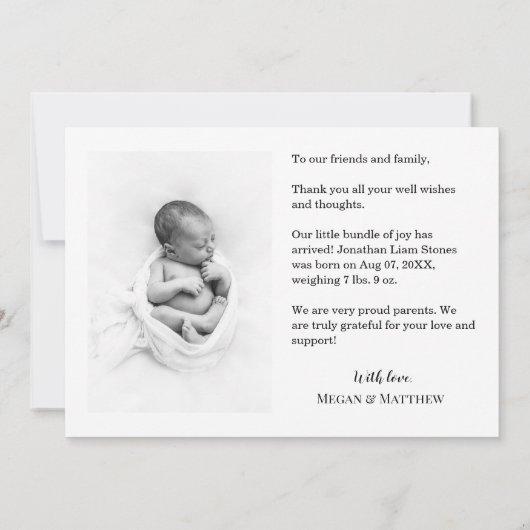 Eenvoudige geboorte aankondiging dank u script har (Achterkant)