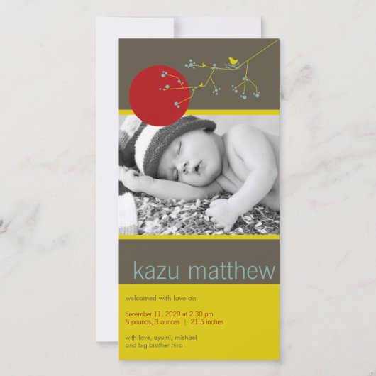 Eenvoudige geboorte van een nestende vogel en een  aankondiging (Voorkant)