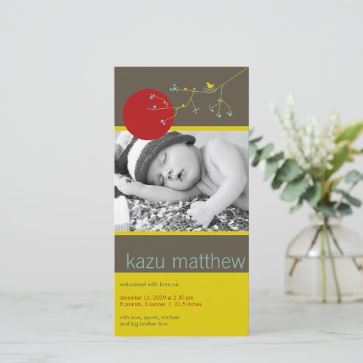 Eenvoudige geboorte van een nestende vogel en een aankondiging (Staand voorkant)