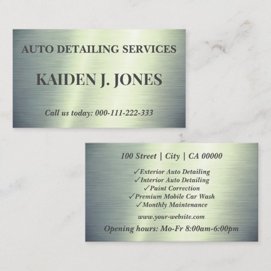 Eenvoudige Geborsteld Staal Groene Auto Detailing Visitekaartje (Voorkant / Achterkant)