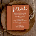 Eenvoudige gebrande Sinaasappels terracotta bruilo Informatiekaartje<br><div class="desc">Een elegante en eenvoudige minimalistische boho oranje bruiloft behuizing details kaart. Die beschikt over een minimalistische sjabloon met verbrande oranje stijlvolle achtergrond. En wit grillig chic DETALIS bewoordingsscript alleen met de aanpasbare kalligrafie.</div>