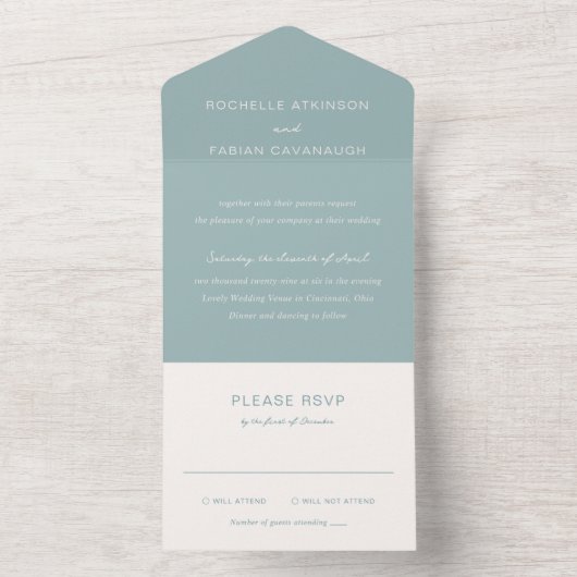 Eenvoudige gedempte blauwe elegante bruiloft all in one uitnodiging (Binnen)