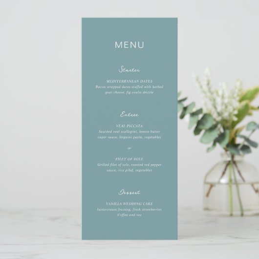 Eenvoudige Gedempte Blauwe Elegante Trouw Menu (Staand voorkant)