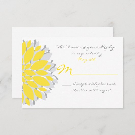 Eenvoudige gele en grijze bloemen RSVP-kaarten RSVP Kaartje (Voorkant / Achterkant)