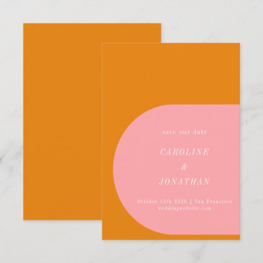 Eenvoudige geometrische roze en Oranje typografie Save The Date (Voorkant / Achterkant)