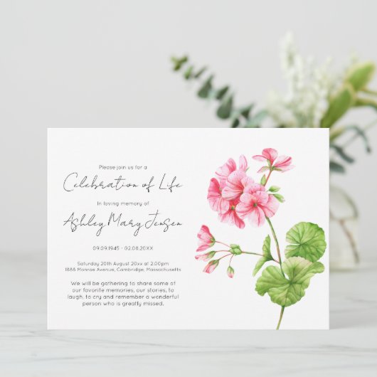Eenvoudige Geranium Viering Van Het Leven Funeral Kaart (Staand voorkant)