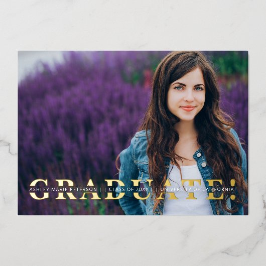 Eenvoudige gespleten Gold Script Photo Afstuderen Folie Uitnodiging (Voorkant)