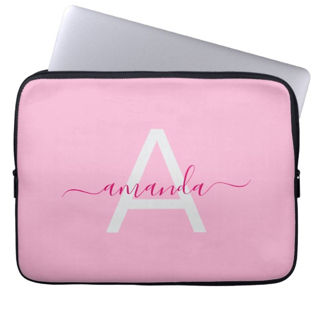 Eenvoudige Girly Roze Gepersonaliseerde Naam & Mon Laptop Sleeve (Voorkant)
