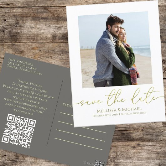 Eenvoudige Gold Calligrafie Script Photo QR Code Briefkaart