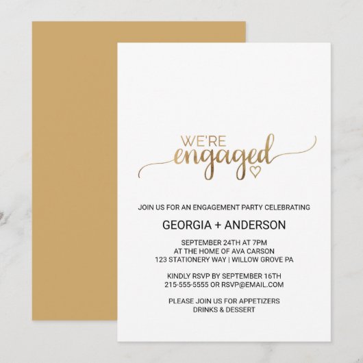 Eenvoudige Gold Calligraphy Engagement Party Kaart (Voorkant / Achterkant)
