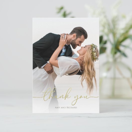 Eenvoudige Gold Calligraphy Script Minimal Photo Bedankkaart (Staand voorkant)