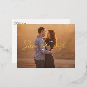 Eenvoudige Gold Foil Script Overlay Save the Date Folie Uitnodiging Briefkaart