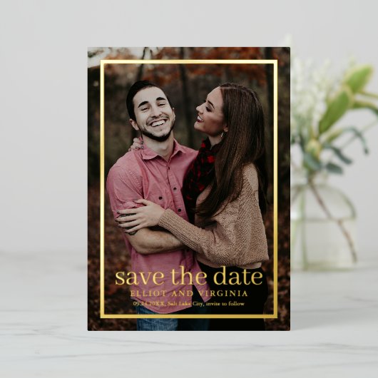 Eenvoudige Gold-foto Save the Date Folie Uitnodiging (Staand Voorkant)