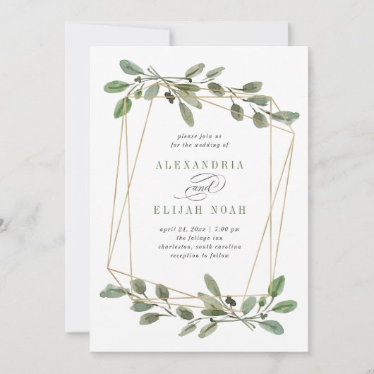 Eenvoudige Gold Geometric en Greenery | Weddenscha Kaart (Voorkant)