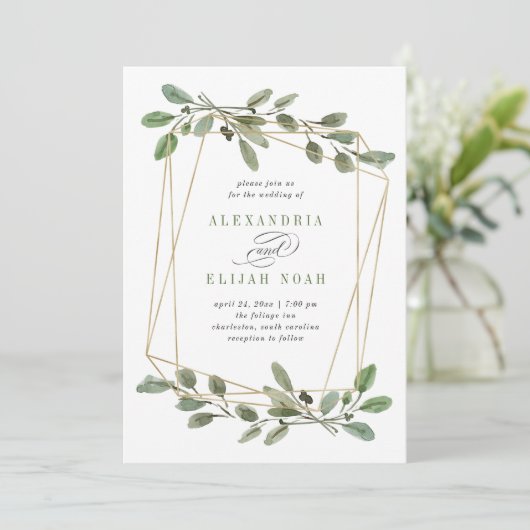 Eenvoudige Gold Geometric en Greenery | Weddenscha Kaart (Staand voorkant)