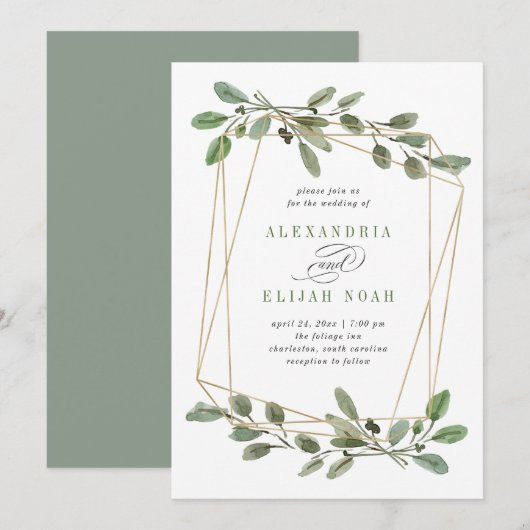 Eenvoudige Gold Geometric en Greenery | Weddenscha Kaart (Voorkant / Achterkant)