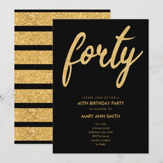 Eenvoudige Gold Glitter Type 40th Birthday Party Kaart (Voorkant / Achterkant)