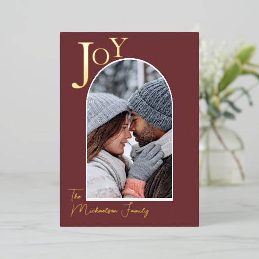 Eenvoudige Gold Joy-fotoserie Kerstmis Folie Feestdagenkaart (Staand Voorkant)