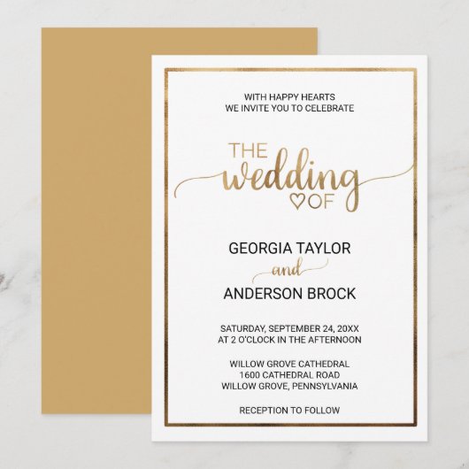 Eenvoudige Gold-kalligrafie | Lijst bruiloft Kaart (Voorkant / Achterkant)