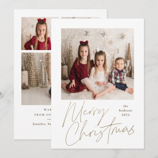 Eenvoudige Gold-kerstkalligrafie Multi-Photo Hol Feestdagenkaart (Voorkant / Achterkant)