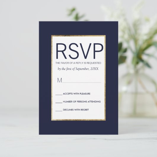 Eenvoudige Gold Lined Navy Blue RSVP-kaarten RSVP Kaartje (Staand voorkant)
