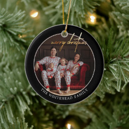 Eenvoudige Gold Merry-kerstfoto zwart Keramisch Ornament
