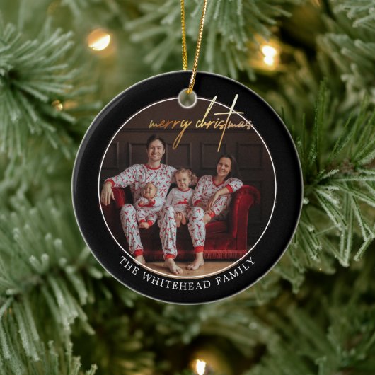 Eenvoudige Gold Merry-kerstfoto zwart Keramisch Ornament (Boom)