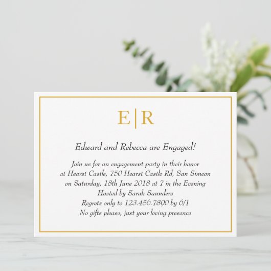 Eenvoudige Gold Monogram Elegant Engagement Party Kaart (Staand voorkant)