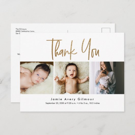 Eenvoudige Gold Script foto collage baby dank u Briefkaart (Voorkant / Achterkant)