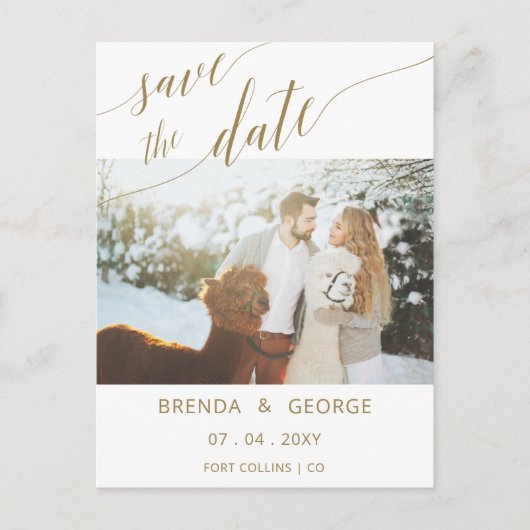 Eenvoudige Gold Script-kalligrafie Sparen de Datum Aankondigingskaart (Voorkant)