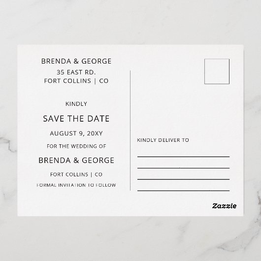 Eenvoudige Gold Script-kalligrafie Sparen de Datum Folie Uitnodiging Briefkaart (Achterkant)