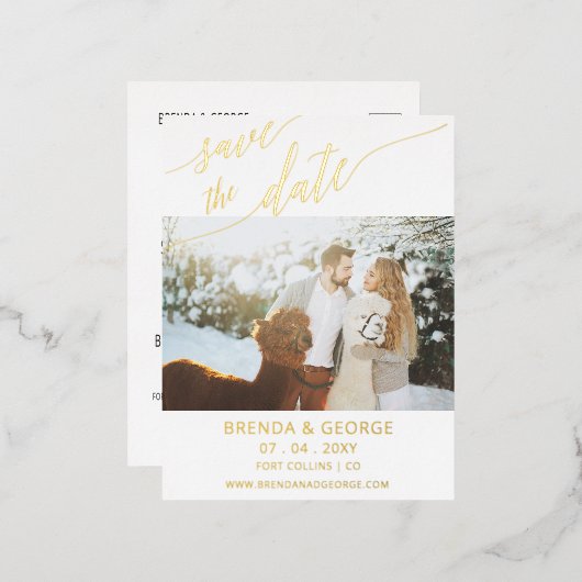 Eenvoudige Gold Script-kalligrafie Sparen de Datum Folie Uitnodiging Briefkaart (Voorkant / Achterkant)