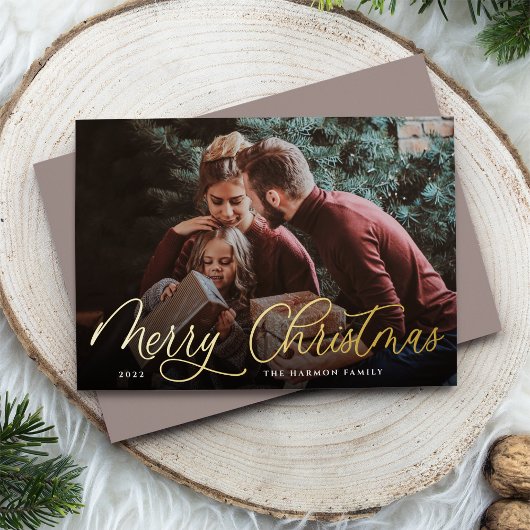 Eenvoudige Gold Script Overlay Merry-kerstfoto Folie Feestdagenkaart